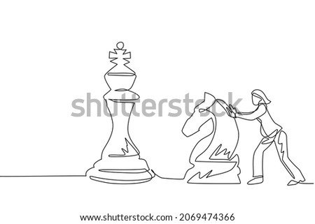 Single one line drawing businesswoman push huge knight chess piece. Business strategy and marketing plan. Strategic move in business concept. Continuous line draw design graphic vector illustration