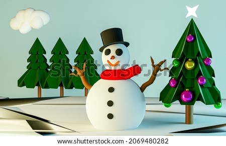 3D render depicting a Christmas scene with a snowman with balls and trees around