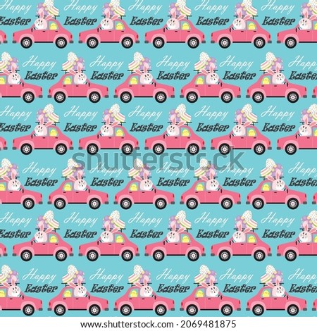 Easter car and rabbit pattern for easter greeting card, gift wrap design