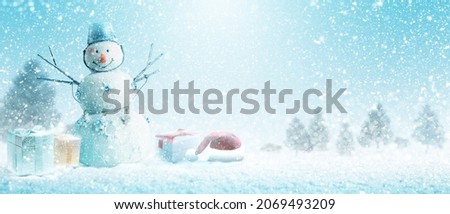 Happy snowman standing in winter christmas landscape. 3d illustration