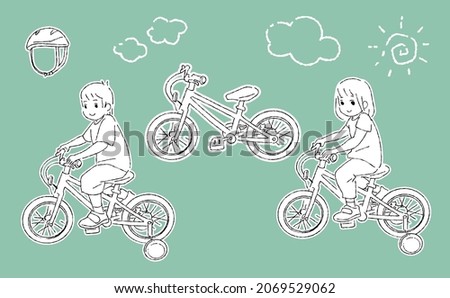 Vector illustration set with white border for children riding bicycles with training wheels short sleeves, spring summer clothes