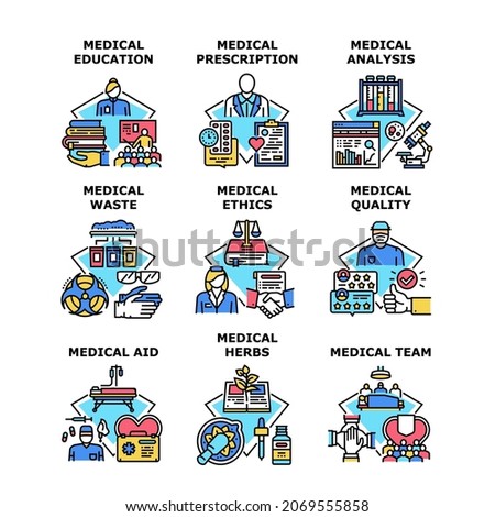 Medical Education Set Icons Vector Illustrations. Medical Education And Quality Aid, Analysis And Prescription For Buy Pharmacy Drug, Team Ethics And Herbs. Medicine Waste Color Illustrations