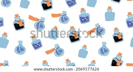 Seamless pattern with colorful magic cartoon bottles and love potions. Vector illustration. Magic elixir hand drawn pattern design in eclectic blue. Scandinavian style magician pattern