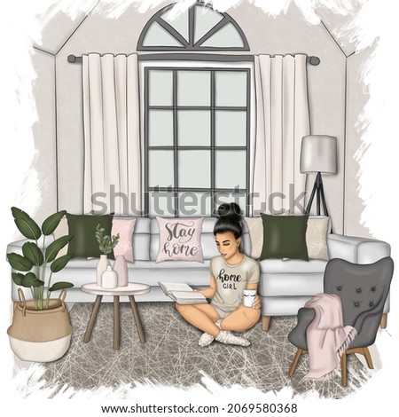 Home Scene Brunette Girl With Book And Mug Isolated Hand Drawn Illustration