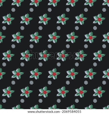 Holly background. Holly leaves, berries with snowflakes on dark background. Christmas background.