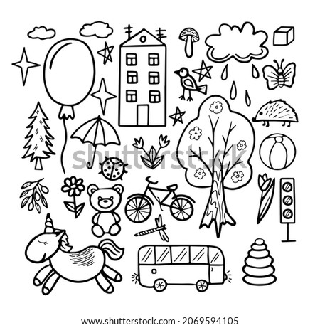 Doodle set for kids. Hand drawn collection of funny doodles for decoration. Vector illustration.