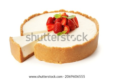 Tasty cheesecake with strawberry on white background Royalty-Free Stock Photo #2069606555
