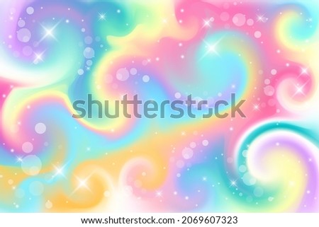 Fantasy background. Holographic illustration in pastel colors. Cute cartoon girly background. Bright multicolored sky with stars and bokeh. Vector illustration Royalty-Free Stock Photo #2069607323