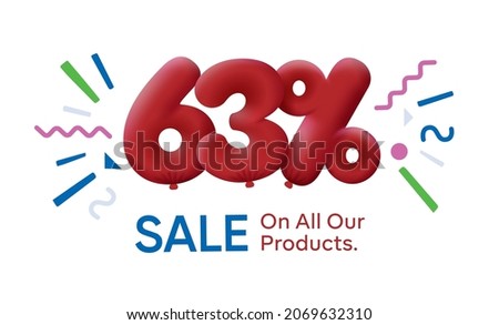 Special summer sale banner 63% discount in form of 3d balloons Red Vector design seasonal shopping promo advertisement illustration 3d numbers for tag offer label Enjoy Discounts Up to 63% off