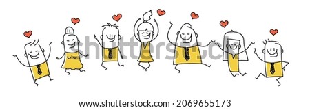 Group of happy stick figures in love jumping and enjoying the holiday with hearts around. Doodle style. Vector illustration.