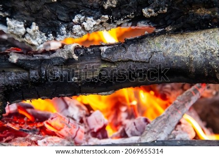 Hot embers of a bonfire of burning wood log fire. Glowing embers in hot red color. Firewood burning on grill.