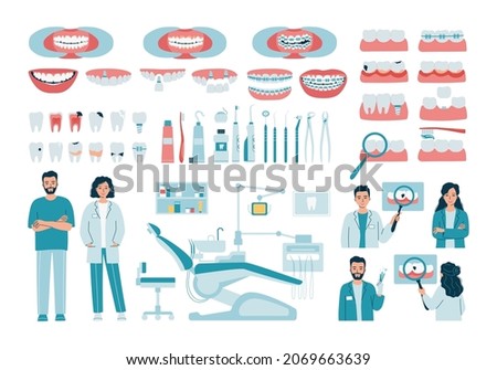 Large dental set with equipment and tools for the care and treatment of teeth. Tartar, caries, braces, implants. Dentistry, dental chair, dentists orthodontists men and women. Flat vector illustration
