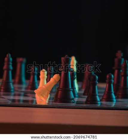 chess board with checkers, pawns, selective focus .
