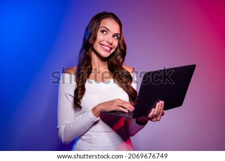 Photo of lady hold laptop think bet favorite cyberzone team wear white shirt isolated neon gradient color background