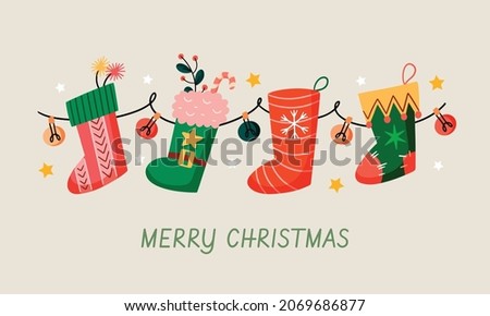 Christmas stockings hanging vector. Colorful sock for winter holiday. Home decoration, palce for present. Merry Christmas. Cute christmas socks illustration vector.
