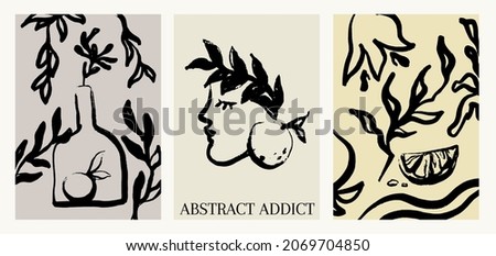 Vector set with hand drawn illustration with still life with floral elements, face . Creative artwork. Template for card, poster, banner, print for t-shirt, pin, badge, patch. Royalty-Free Stock Photo #2069704850