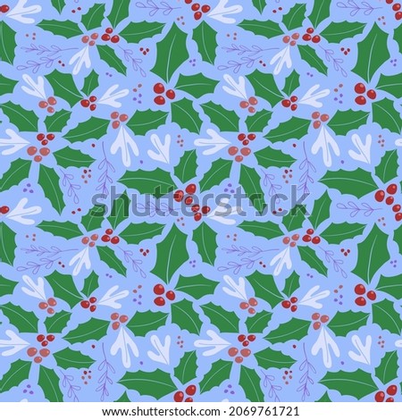 Vector seamless Christmas pattern. Hand drawing holly berries, green leaves, violet branches, frozen leaves and berries on blue background  for wrapping paper, wallpaper, post cards, textile, fabric.