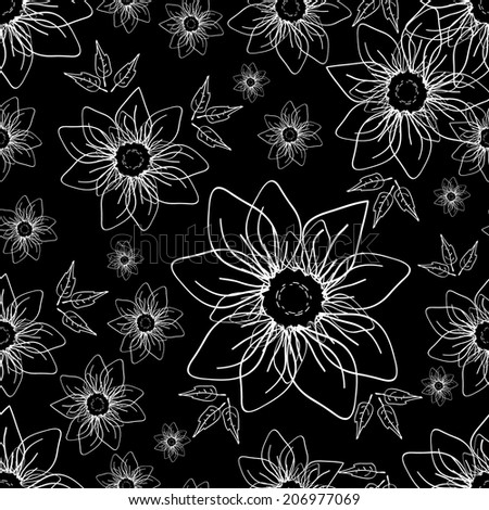 Seamless pattern with white flowers on a black background. Clipping mask is used. Vector illustration.