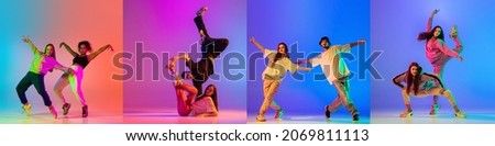 Denamics. Collage of talented young hip-hop dancers in motion isolated over multicolored background in neon light. Youth culture. Concept of lifestyle, motion, action, rhytm, youth. Copy space for ad