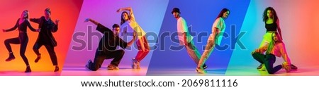 Collage of four pictures of young people dancing hip-hop in couple isolated over multicolored background in neon lights. Youth culture. Concept of lifestyle, motion, action, rhytm, youth and ad