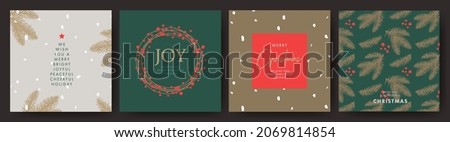 Merry Christmas and Happy New Year Set of greeting cards, posters, holiday covers. Elegant Xmas design in green, red and gold colors with hand drawn fir branches, Christmas wreath, brush painted snow  Royalty-Free Stock Photo #2069814854