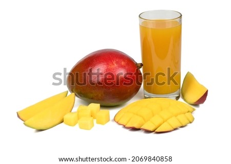 Fresh Mango fruits and a glass of juice isolated on white background. High resolution photo. Full depth of field.