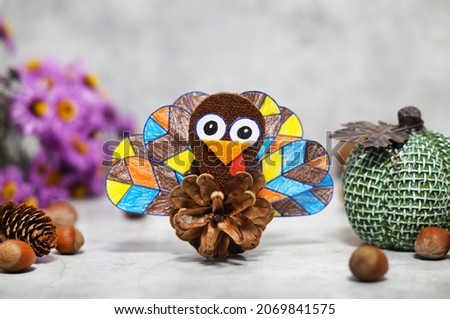 Crafts with the child for thanksgiving with natural materials. Turkey handmade.