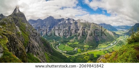 Mt Romsdalshorn and the Vengetindene pinnacles from Litlefjellet in the norwegian region Romsdalen, norway Royalty-Free Stock Photo #2069841842