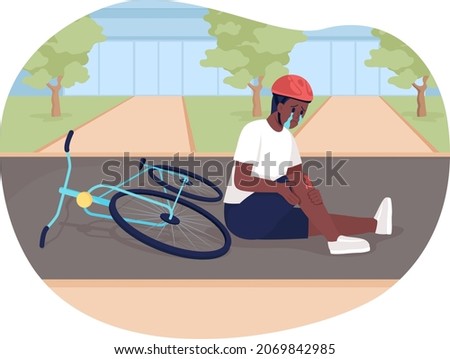 Child injured in bike accident 2D vector isolated illustration. Traumatized kid bicyclist flat character on cartoon background. Childhood falls. Bicycle-related injury experience colourful scene Royalty-Free Stock Photo #2069842985