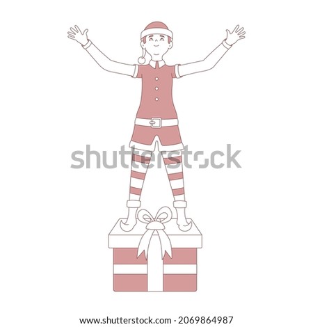 Vector illustration of a happy Christmas elf standing on a gift box.