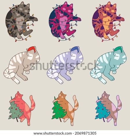 Vector Christmas set with cats, packaging, postcard