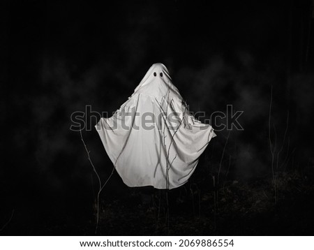 Funny white ghost in a dark misty forest. Dark fantasy concept. Of a mysterious white ghost in a spooky forest.