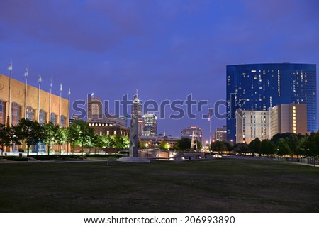 Skyline of city of Indianapolis at dusk