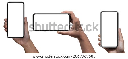 Business Hand holding smartphone  set and isolated on white background, Smartphone mockup, Smartphone with blank screen for Infographic Global Business web site design app, Content for technology Royalty-Free Stock Photo #2069969585