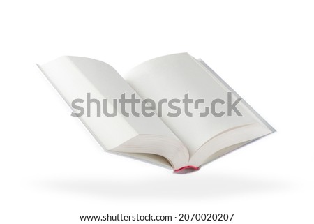 White open book. A blank white book floats in the air, casting a shadow over an isolated white background. Blank pages of a book. Royalty-Free Stock Photo #2070020207