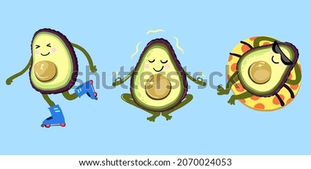 Happy cartoon avocado roller skating, pool drifting and meditating activities clipart. Funny hand drawn fruit character having healthy lifestyle graphics. Doodle style.