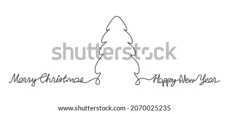 Continuous one line drawing of Christmas tree. Merry Christmas and Happy New Year. New year concept. Single line handwritten text. One line minimalistic style outline. Modern vector illustration.