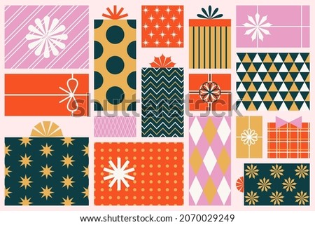 Gift giving season banner. Set of Christmas gifts in geometric wrapping paper. 
Vector top view illustration of Christmas presents for social media, blog articles on gift guide and giveaway themes. Royalty-Free Stock Photo #2070029249
