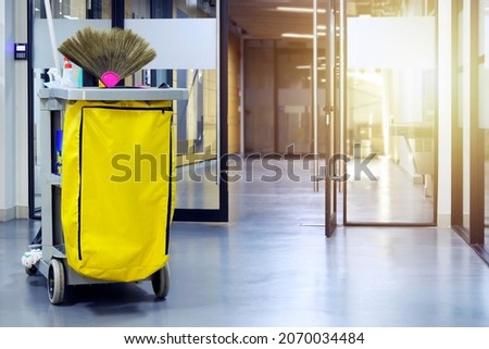 Floor cleaning equipment and broom at the corridor, prepare for cleaning service