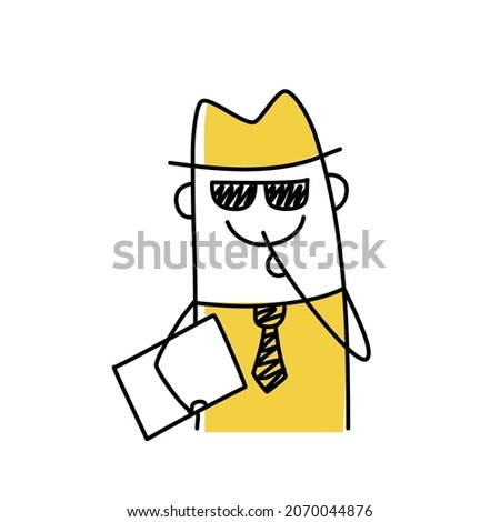 Stick man. Confident information, a secret man in a hat and glasses. Doodle style. Vector illustration. Royalty-Free Stock Photo #2070044876