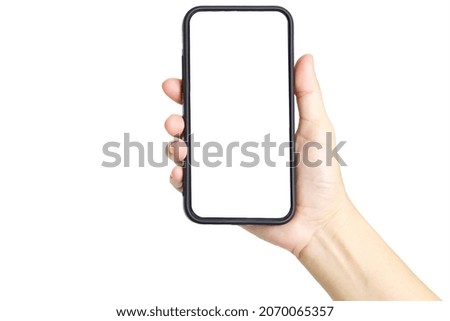 Hand holding black smartphone white screen isolated on white Royalty-Free Stock Photo #2070065357
