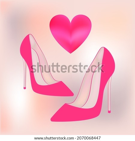 Vector illustration of pink women's shoes and  pink heart. Stiletto heels for women. Royalty-Free Stock Photo #2070068447