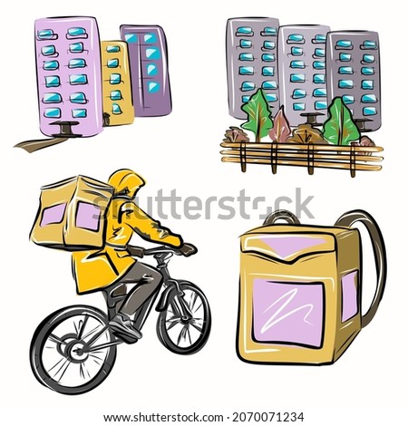 Online orders in stores. Home delivery. Couriers, courier delivery. Shopping, trade, cyclist, city. Isolated vector objects.