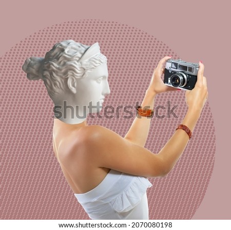 Contemporary collage of plaster statue head and young woman grimaces with open mouth takes her self picture with retro photo camera, over halftone comics pattern. Antiquity and modernity. 