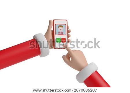 Santa Claus choosing to give a child coal or a gift on a mobile phone app. Christmas concept. 3d illustration.