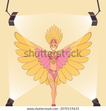 Television show. Showgirl with brazilian style carnival costume. Carnaval dancer. Cabaret singer or brazilian showgirl. Cartoon character in the spotlight