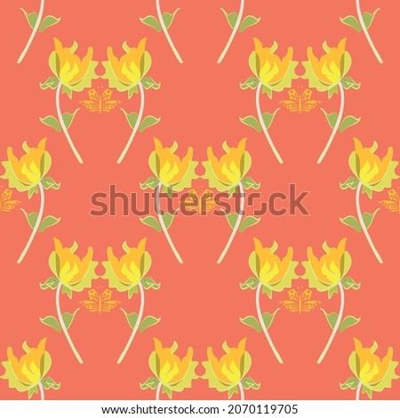 Pretty Pairs Of Flowers Vector Seamless Pattern Tile In Yellow And Coral Pink