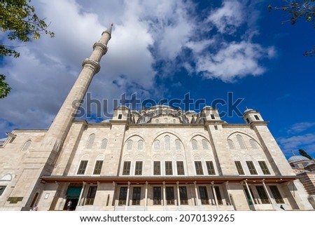 Wide-angle view of Fatih Mosque on a sunny day in Istanbul. Fatih Mosque meaning ‘Mosque of the Conqueror’ was the first purpose-built mosque in Istanbul, Turkey. Royalty-Free Stock Photo #2070139265