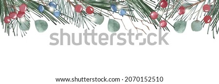 Merry Christmas banner and Winter green leaves, eucalyptus and red, blue berries decoration illustration. Christmas background graphic. For invitation card, congratulations, winter card.