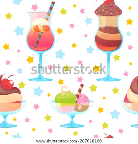 Colorful melting ice-cream seamless pattern on stars background